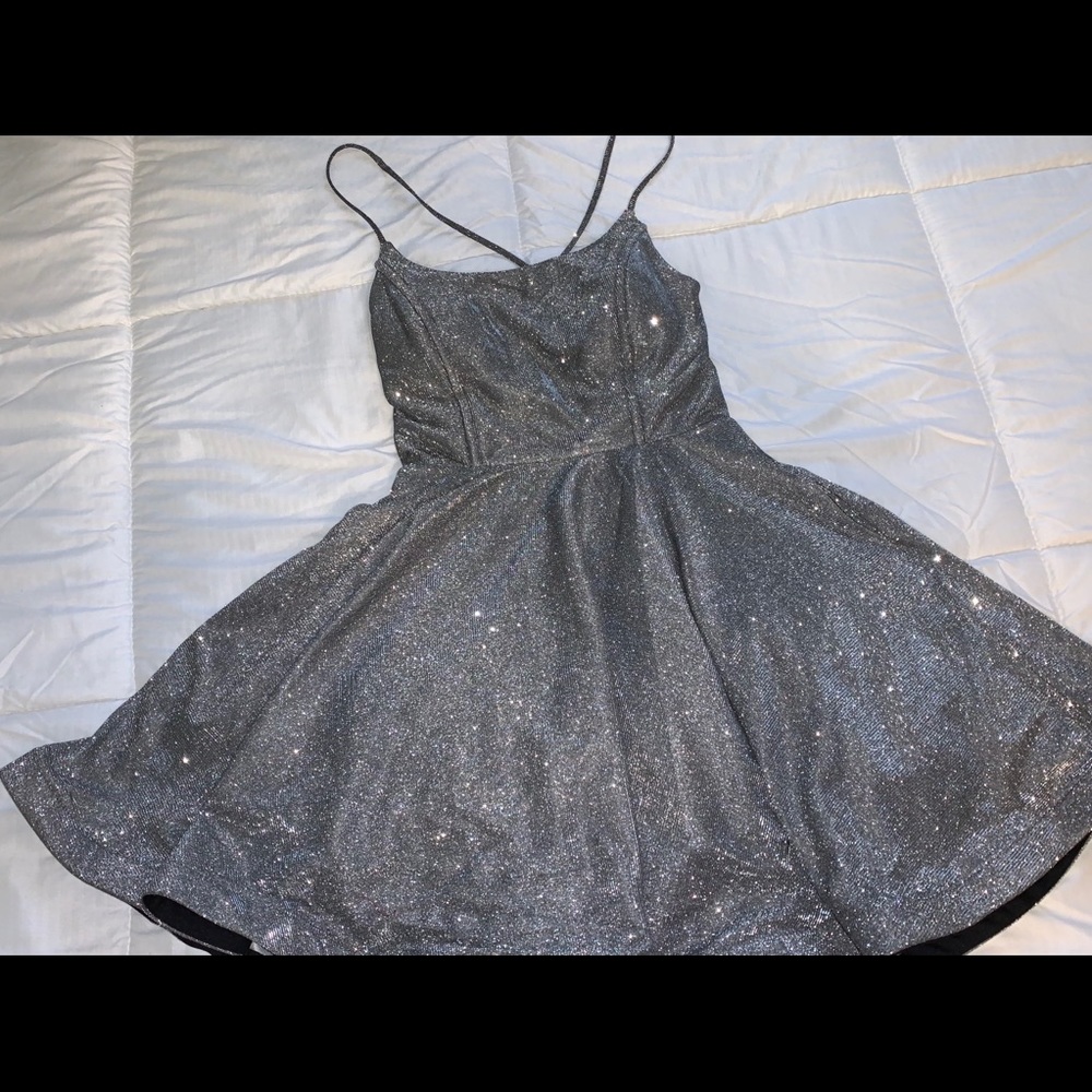 Sparkly silver medium length dress